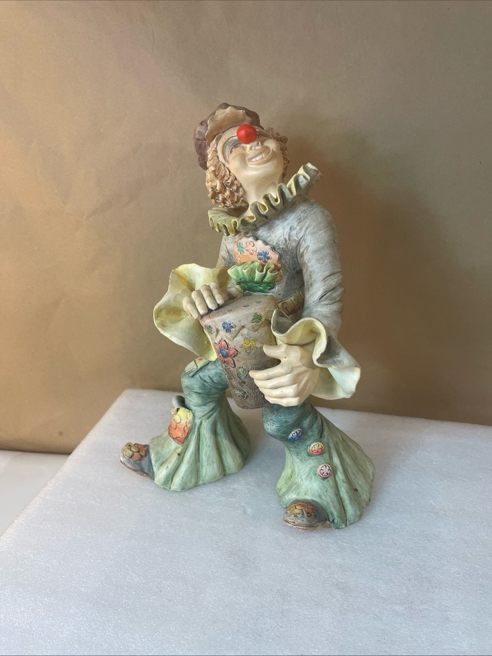 Hand-Painted Ceramic Clown Sculpture in Pastel Green and Cream